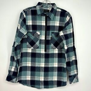 Five Brothers Womens XS 1/2 Zip Flannel Shirt Aqua Navy Blue Plaid Popover LS